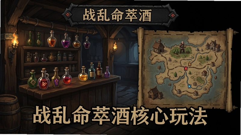 展现“战乱命萃酒”游戏主界面,包含酒馆酿造台与冒险地图,画面为暗黑奇幻风格,文字标明“战乱命萃酒核心玩法”