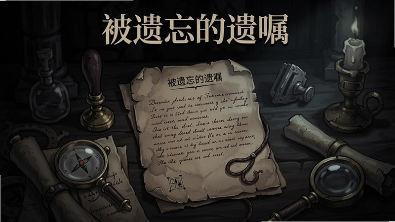 一幅展现“被遗忘的遗嘱”游戏核心场景的暗黑风格插画,画面中央有古老遗嘱文件与解谜道具,包含“被遗忘的遗嘱”标题字样,氛围神秘充满悬疑