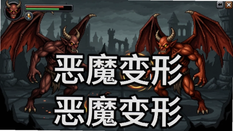 恶魔变形电脑版游戏界面截图,包含恶魔变形战斗场景,文字注明“恶魔变形”