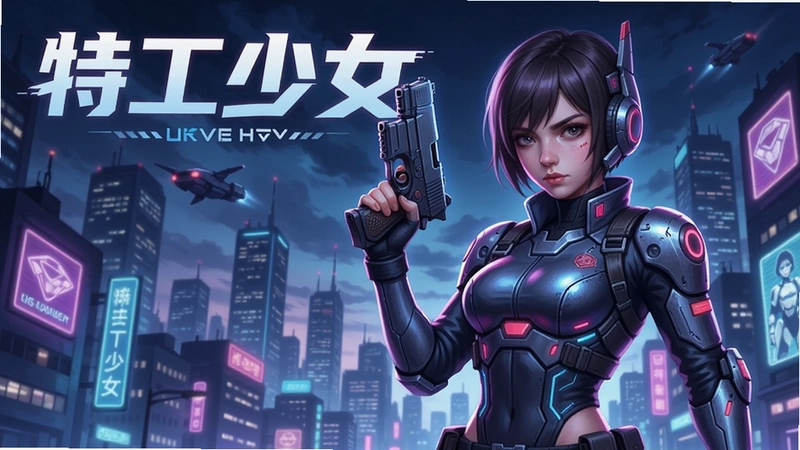 特工少女游戏主视觉海报,女主角持枪站在霓虹都市夜空下,机甲风格,文字标注“特工少女”