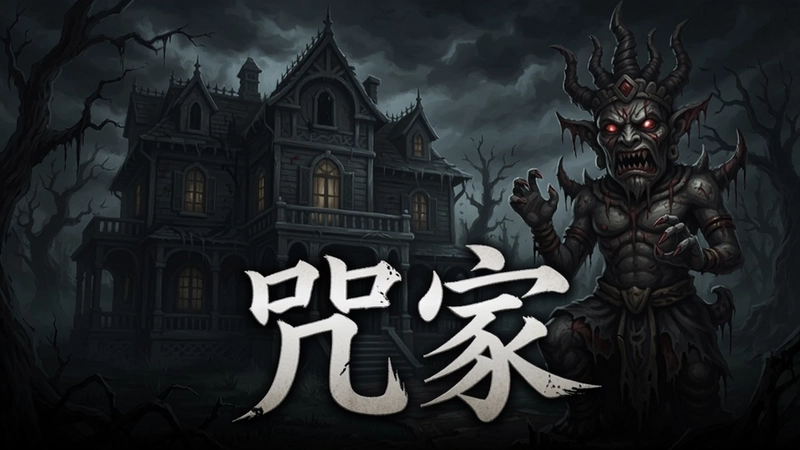 咒家电脑版游戏主视觉图,阴森古宅与诡异神像,画面包含“咒家”标题文字