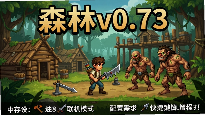 一张展示森林v0.73电脑版游戏画面的宣传图,包含丛林搭建的木质营地、主角持武器面对变异野人、以及“森林v0.73”标题,概括游戏生存、建造、战斗、联机模式、中文设置、配置需求与快捷键教程