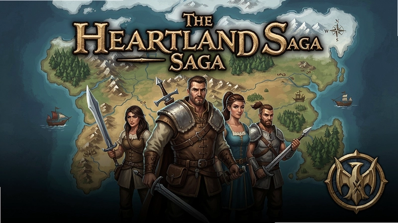 The Heartland Saga 腹地传说游戏主视觉图,包含主角团队、大陆地图与标志性徽章,标题文字“The Heartland Saga”