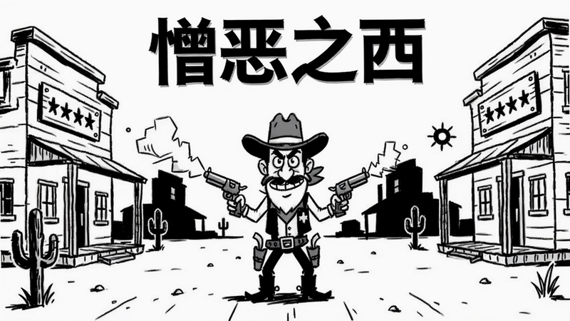 黑白线条风格的西部牛仔冒险游戏画面,角色造型夸张,场景充满幽默感,文字标注