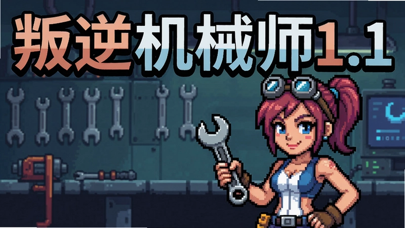 叛逆机械师1.1游戏主界面与女主角罗宾手持扳手的精美像素艺术图,“叛逆机械师1.1”字样醒目