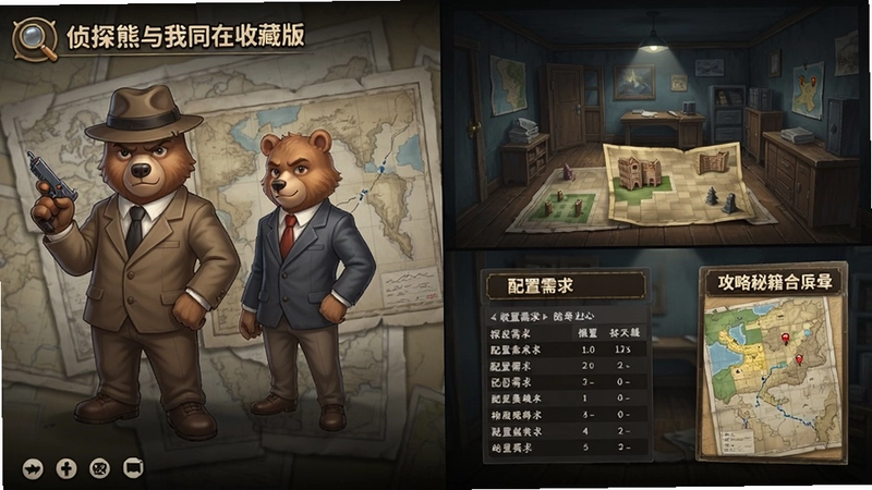 侦探熊与我同在收藏版游戏主界面、角色立绘、探案场景、配置需求表与攻略秘籍合辑封面,突出收藏版完整内容