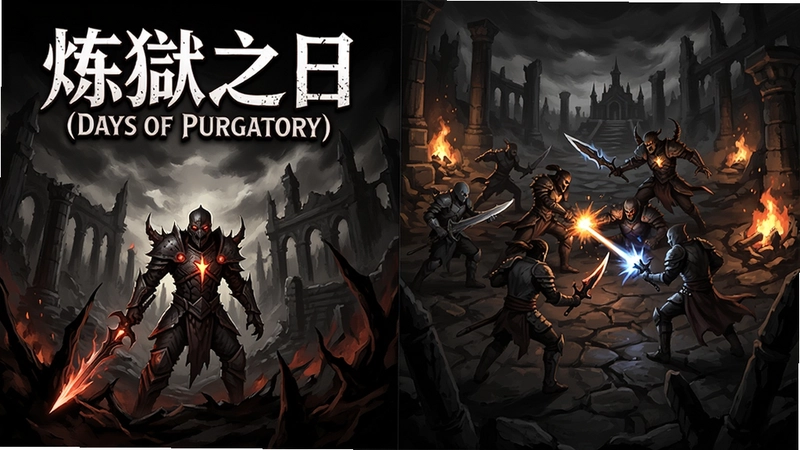 炼狱之日(Days Of Purgatory)游戏封面与战斗画面,包含标题文字“炼狱之日(Days Of Purgatory)”