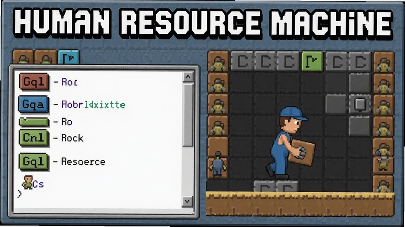 人力资源机器(Human Resource Machine)游戏主界面,包含指令编写区和搬运小人的编程解谜场景,画面中显示“Human Resource Machine”标题