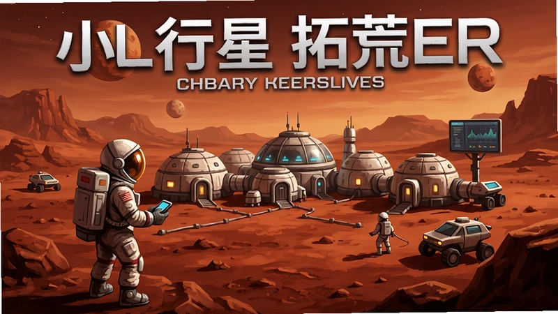 小行星拓荒者游戏主视觉图,宇航员在红色荒漠星球上建造基地,科幻模拟经营海报
