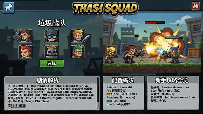 垃圾战队(Trash Squad)游戏主界面、角色选择、激烈战斗场景,包含游戏介绍、剧情解析、配置需求及新手攻略全览
