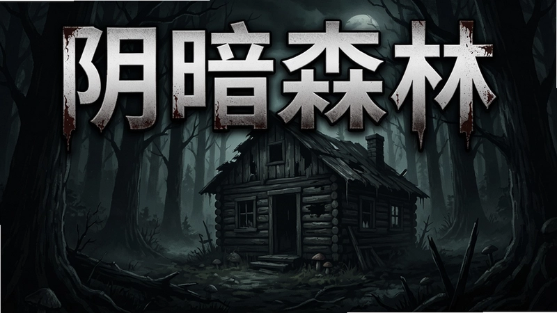 阴暗森林电脑版游戏宣传图,黑暗森林中破旧小屋,恐怖氛围,包含文字“阴暗森林”