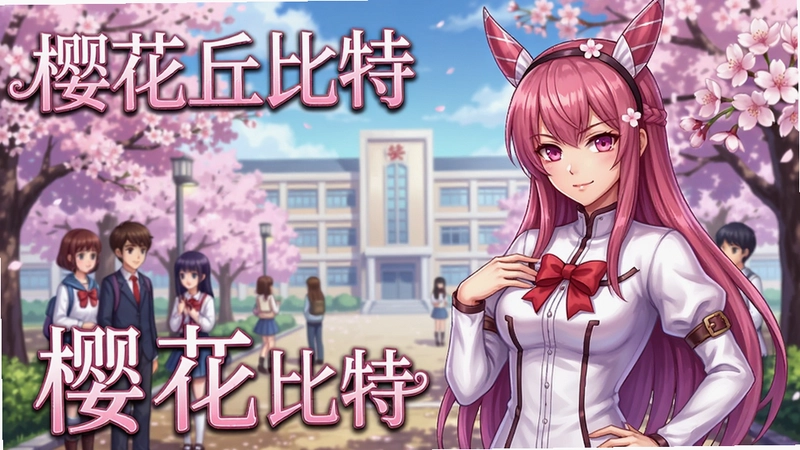樱花丘比特(Sakura Cupid)高清游戏原画,校园樱花场景与主要角色立绘,文字“樱花丘比特”