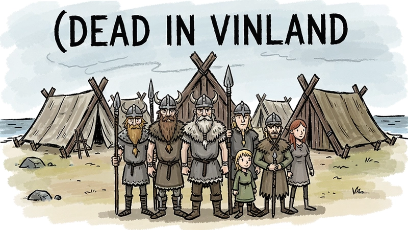 死在文兰(Dead In Vinland)游戏全家福,维京家族在荒岛营地前,手绘风格,生存模拟