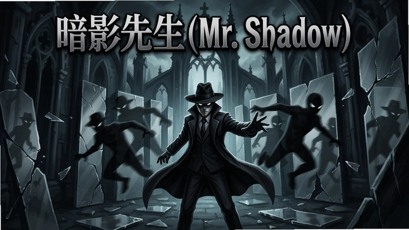 暗影先生(Mr. Shadow)游戏海报,一名黑衣角色在破碎镜面迷宫中使用影子分身,哥特式建筑,“暗影先生(Mr. Shadow)”文字标题