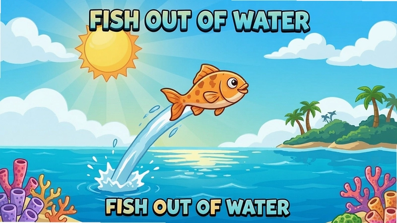 空中飞鱼(Fish out of Water)游戏主界面,小鱼弹跳飞过海面,阳光白云与岛屿背景