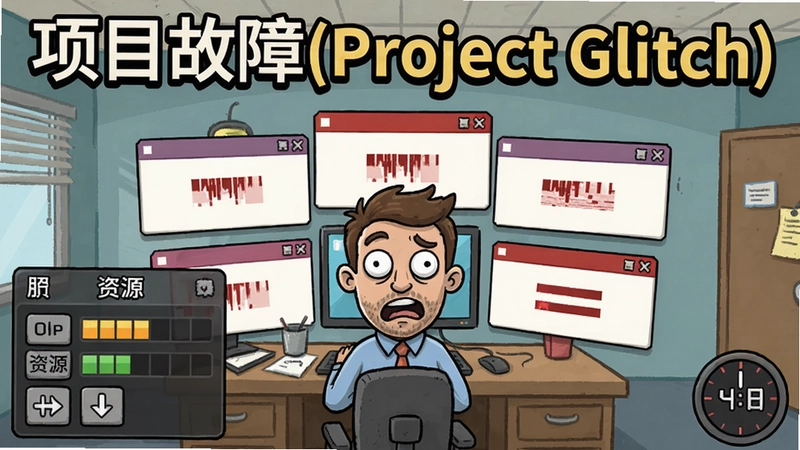 项目故障(Project Glitch)游戏主界面,展示项目经理面对多个故障弹窗的办公室场景,包含决策面板、资源条和倒计时,画面风格幽默搞笑,上方用醒目字体写着“项目故障(Project Glitch)”
