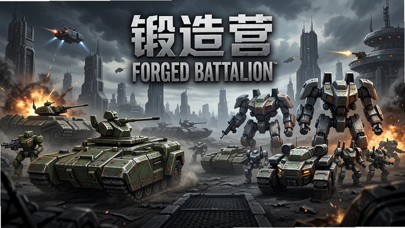 锻造营(Forged Battalion)游戏主视觉图,包含自定义战车与机甲部队,科幻战场背景,标注“锻造营(Forged Battalion)”