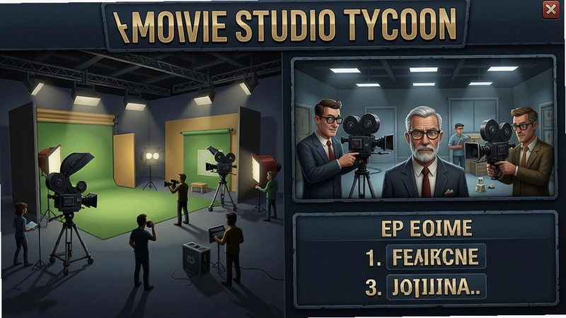 电影大亨(Movie Studio Tycoon)游戏主界面与电影拍摄制作场景,展现摄影棚和票房榜单