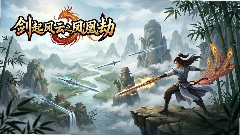 剑起风云之凤凰劫(Fable of the Sword)仙侠世界全景,包含游戏Logo“剑起风云之凤凰劫”,展示山水竹林、御剑飞行、主角战斗姿态
