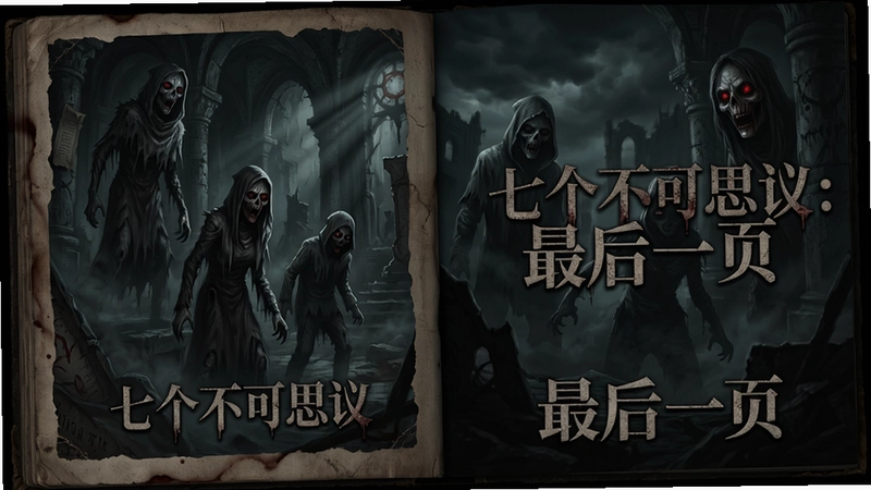 七个不可思议:最后一页游戏主视觉海报与标题画面,“七个不可思议:最后一页”恐怖氛围