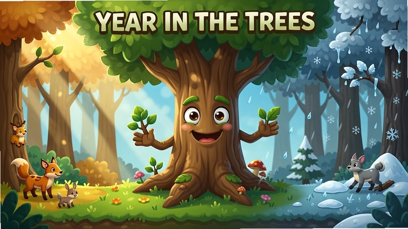 树中的一年(Year In The Trees)游戏画面,一棵拟人化大树在四季变化的森林中,阳光、雨雪与动物环绕,精美卡通风格,展现生存与成长主题