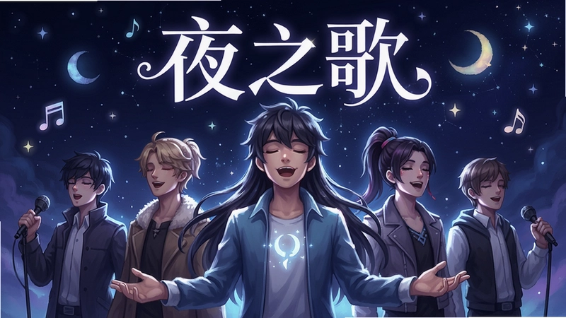 夜之歌(NightSing)游戏海报,展现主角与多位角色在星空下歌唱的唯美场景,“夜之歌”标题醒目