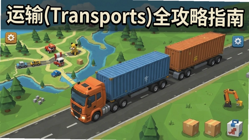 运输(Transports)游戏主界面与卡车运输场景,包含经营元素、地图、货物,标题文字“运输(Transports)全攻略指南”