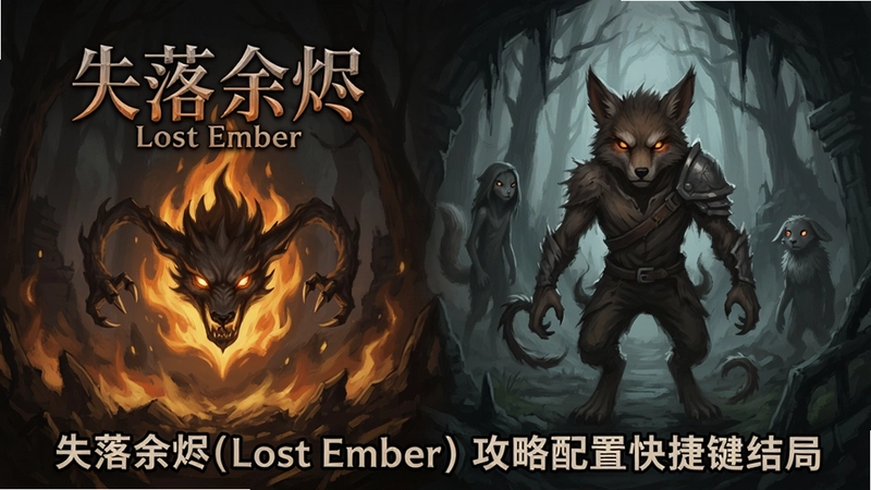 失落余烬(Lost Ember)游戏封面与动物附身场景插画,文案涵盖“失落余烬(Lost Ember)攻略配置快捷键结局”