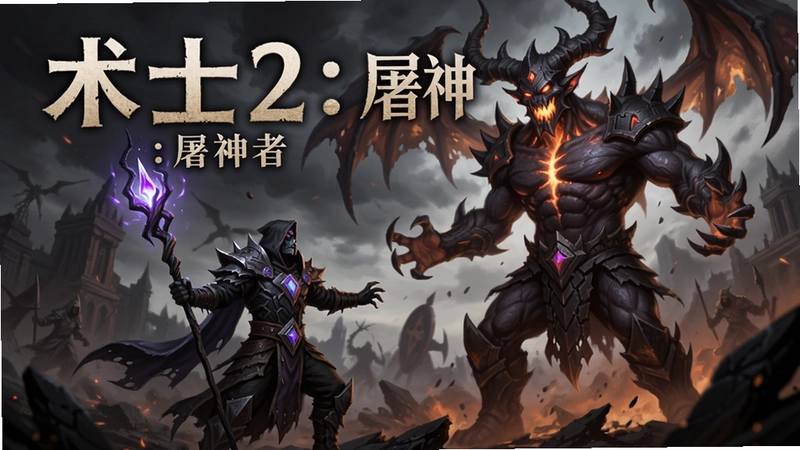 术士2:屠神者游戏主视觉海报,展示术士手持魔杖对抗巨大魔神的史诗场景,标题“术士2:屠神者”醒目