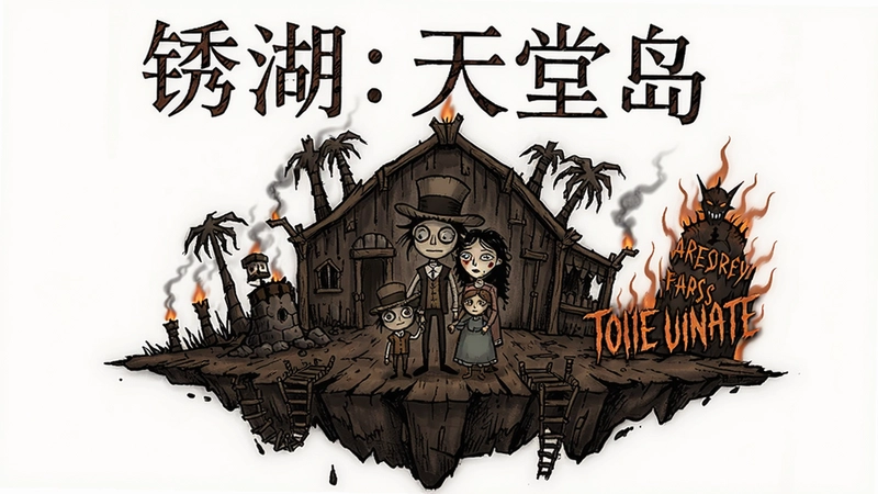 锈湖:天堂岛游戏画面,天堂岛场景,雅各布与家人,十灾元素,手绘黑暗风格,文字“锈湖:天堂岛”