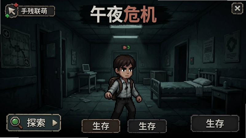 手残联萌的午夜危机游戏界面与角色探索场景,阴暗医院解谜冒险,“探索”“生存”