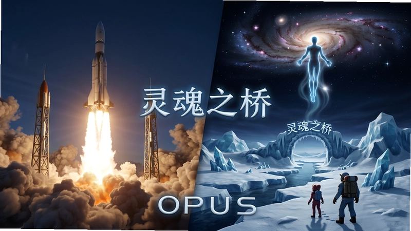 OPUS:灵魂之桥电脑游戏场景,火箭发射与冰原探险,包含“灵魂之桥”字样及星海灵魂升空画面