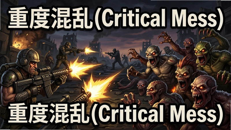 重度混乱(Critical Mess)游戏宣传图,展示“重度混乱(Critical Mess)”疯狂射击场面与怪物潮