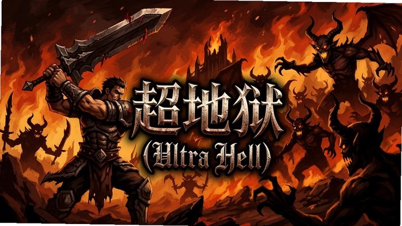 一幅展现地狱烈焰背景的角色扮演游戏宣传图,战士挥舞巨剑对抗恶魔大军,画面中央有哥特字体“超地狱(Ultra Hell)”标识