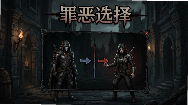 罪恶选择 游戏场景 角色抉择界面 包含“罪恶选择”标题字样 暗黑风格
