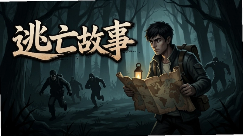 逃亡故事电脑版游戏主视觉,黑暗森林中主角手持地图躲避追兵,画面附带艺术字“逃亡故事”
