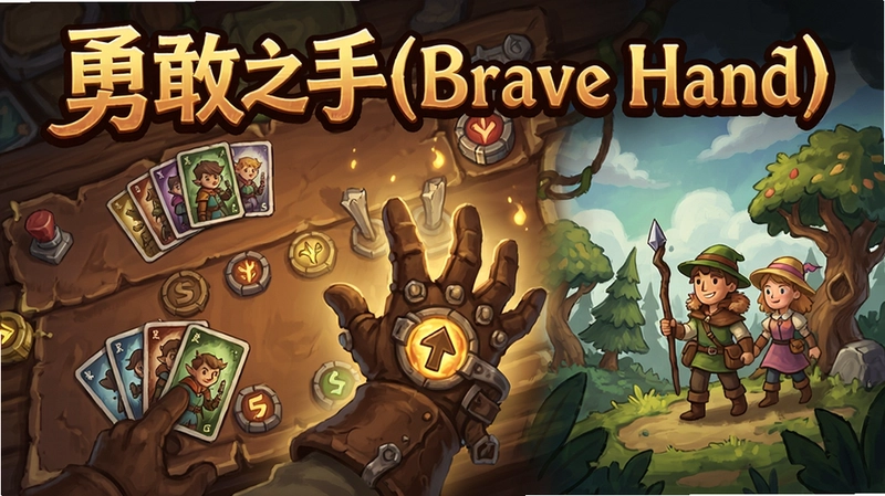 勇敢之手(Brave Hand)游戏主视觉图,包含“勇敢之手(Brave Hand)”标题文字,展示卡牌对战与手绘冒险世界,整体风格奇幻温暖