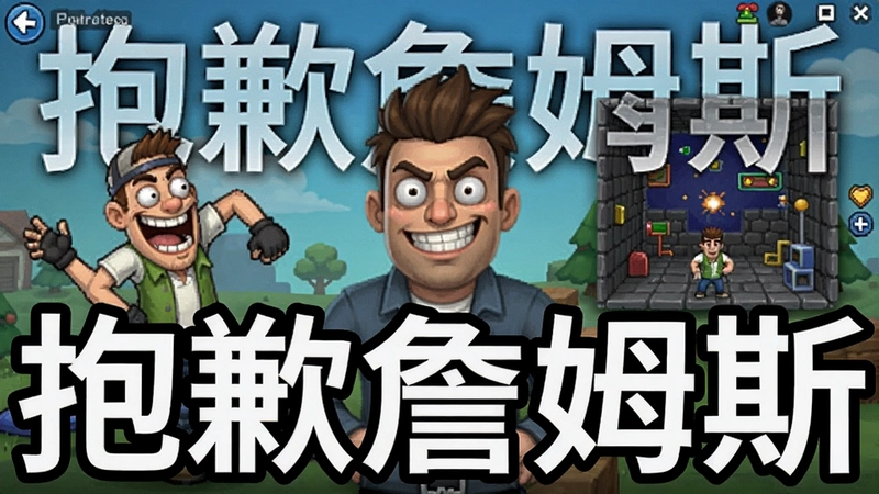 抱歉詹姆斯电脑版游戏主界面、搞笑角色与关卡场景,涵盖攻略、配置、快捷键等综合内容,图片文字标注“抱歉詹姆斯”