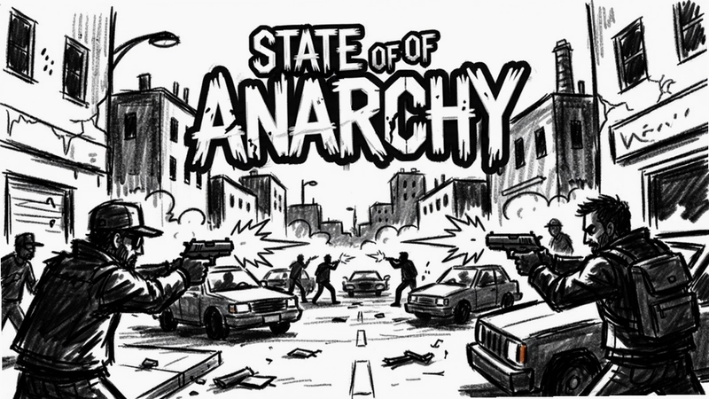 “State of Anarchy”游戏主视觉图,手绘黑白画风展现混乱街头枪战,包含游戏标志“State of Anarchy”
