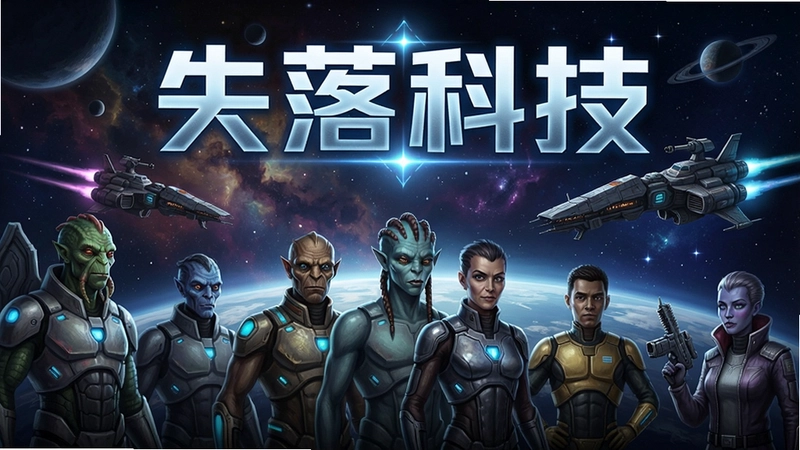 失落科技游戏主视觉图,科幻宇宙星空背景,多种族角色与战舰,标题文字“失落科技”