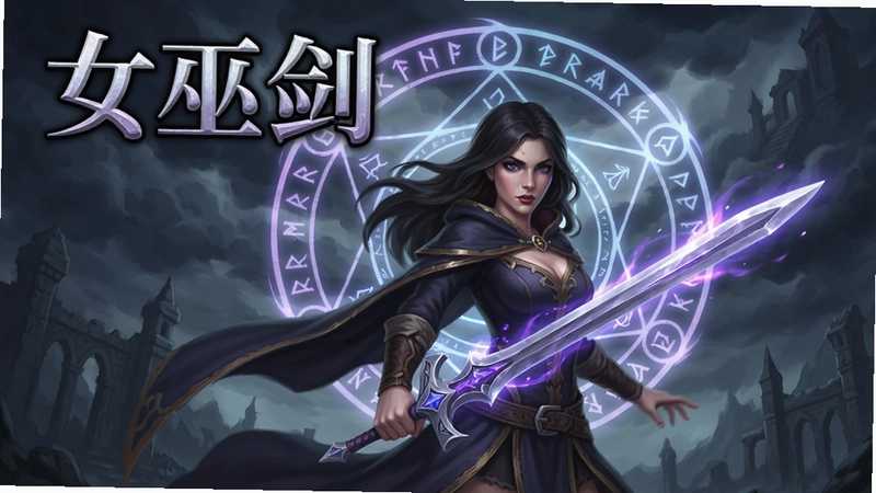 女巫剑游戏宣传主视图,女主角手持发光魔剑,身后浮现魔法阵,天空阴云密布,标题文字“女巫剑”