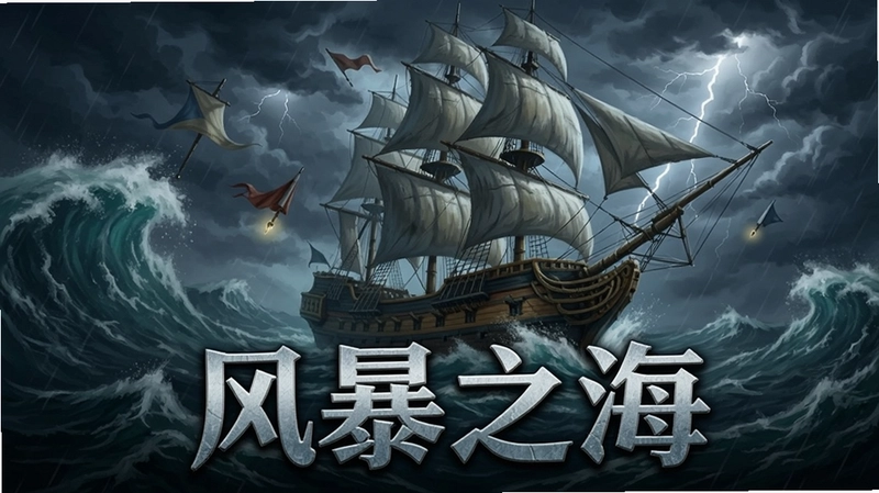 风暴之海游戏主视觉图,一艘大帆船在暴风雨中航行,海浪汹涌,天空阴暗,展现航海冒险的紧张氛围,图中标注“风暴之海”字样