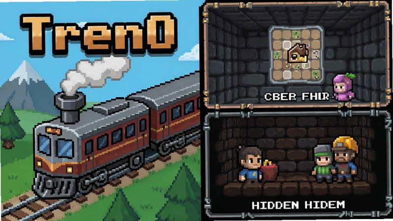 像素风RPG“Tren0”主视觉图与列车解谜场景,包含多结局与隐藏剧情元素