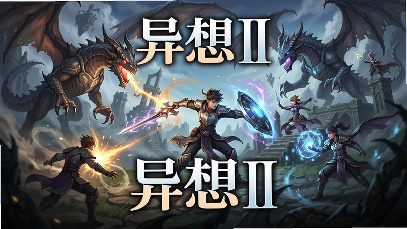 异想Ⅱ游戏主视觉图,展示角色在奇幻场景中战斗,有龙和魔法特效,标题“异想Ⅱ”醒目