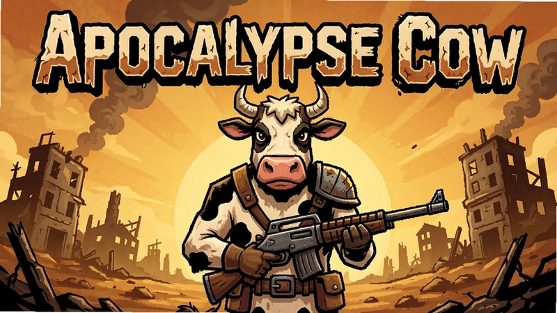 奶牛启示录(Apocalypse Cow)游戏主视觉,奶牛战士持枪站在废土上的封面插画,上方标有