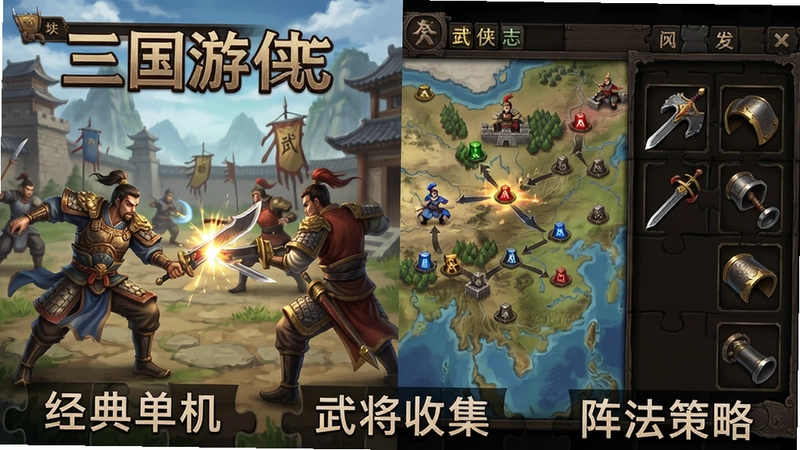 三国游侠志游戏场景、武将战斗、势力地图与装备界面拼图,文字标注“经典单机”“武将收集”“阵法策略”