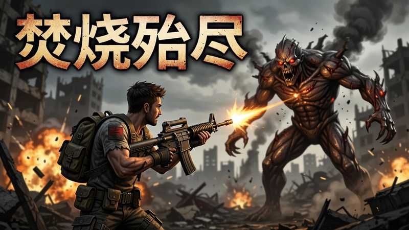 焚烧殆尽游戏海报,主角手持突击步枪在废墟中与巨型变异体交火,画面充满爆炸火光与浓烟,“焚烧殆尽”标题醒目