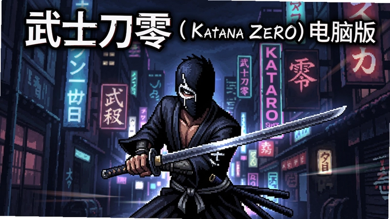 武士刀零 (Katana ZERO)游戏主视觉图,包含主角零的像素形象、霓虹灯背景、标题文字“武士刀零 (Katana ZERO)电脑版”