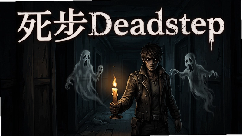 暗黑风恐怖游戏死步Deadstep主角在阴暗走廊手持烛光探索,幽灵隐约出现,带有“死步Deadstep”标题的游戏封面或海报