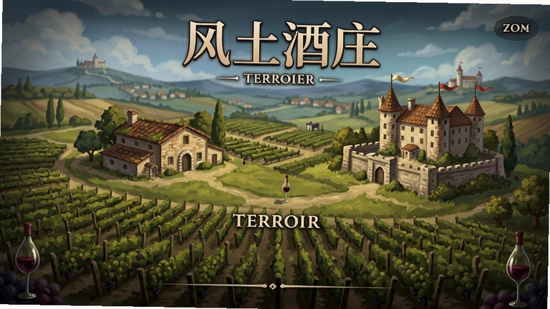 Terroir游戏主菜单界面,展示酒庄俯瞰图与“风土酒庄”标题,葡萄园与城堡场景